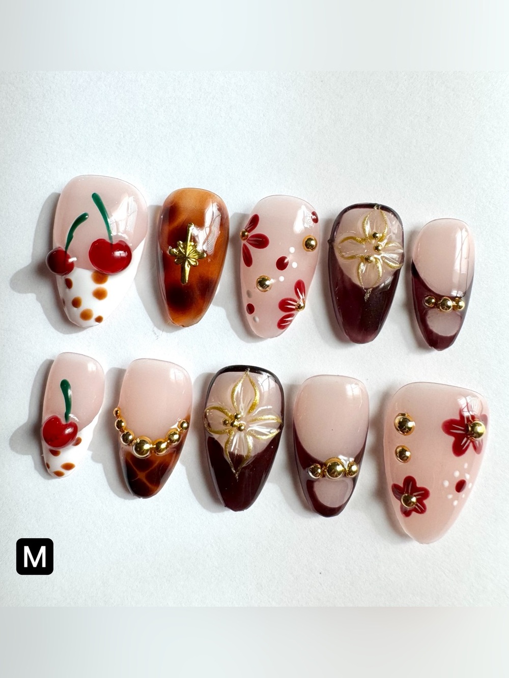 Nude & Burgundy Floral Press-On Nail Set with Cherry and Gold Accents